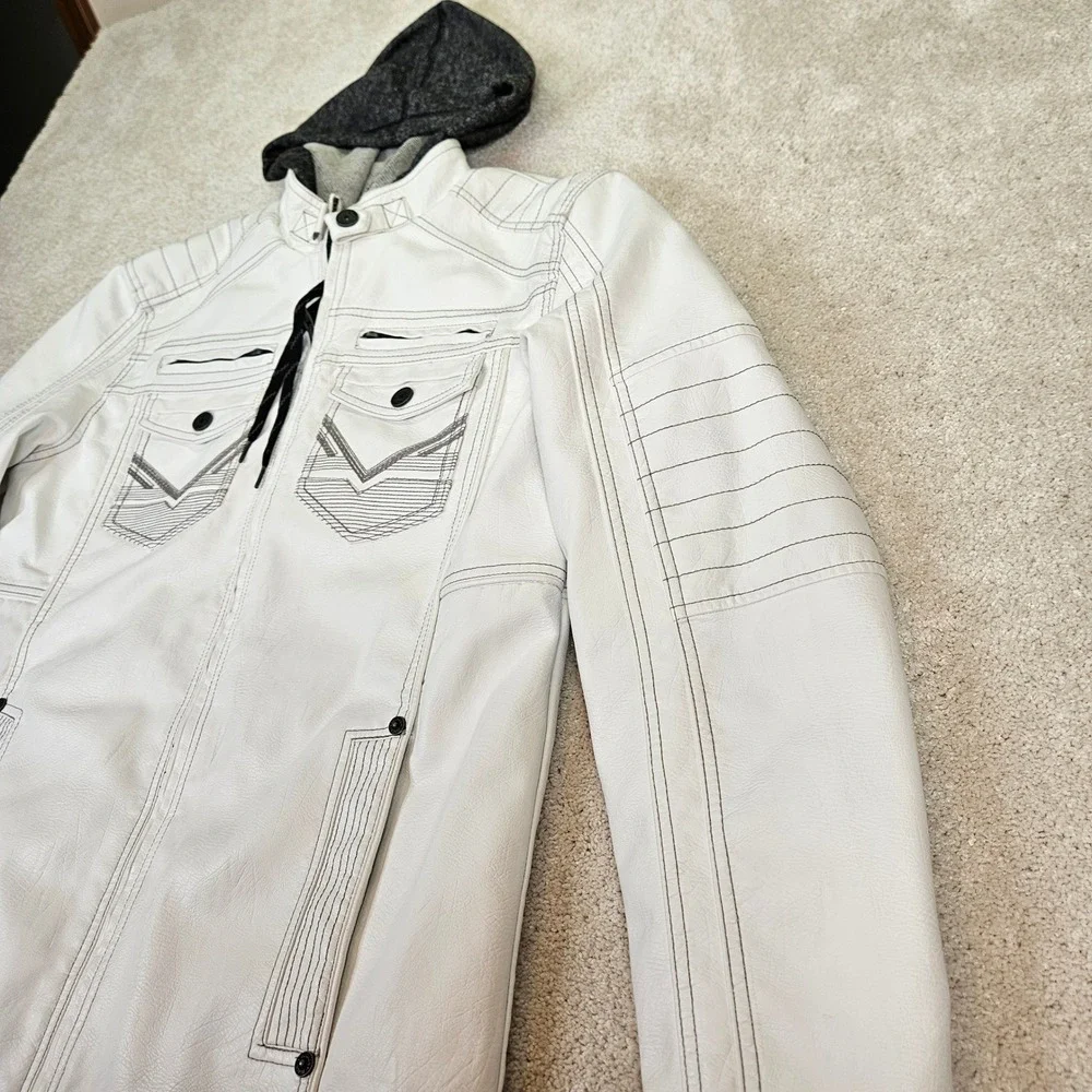 Buckle Black Mens White Faux Leather Full Zip Y2K Hoodie Jacket Combo Sz‎ L Edgy